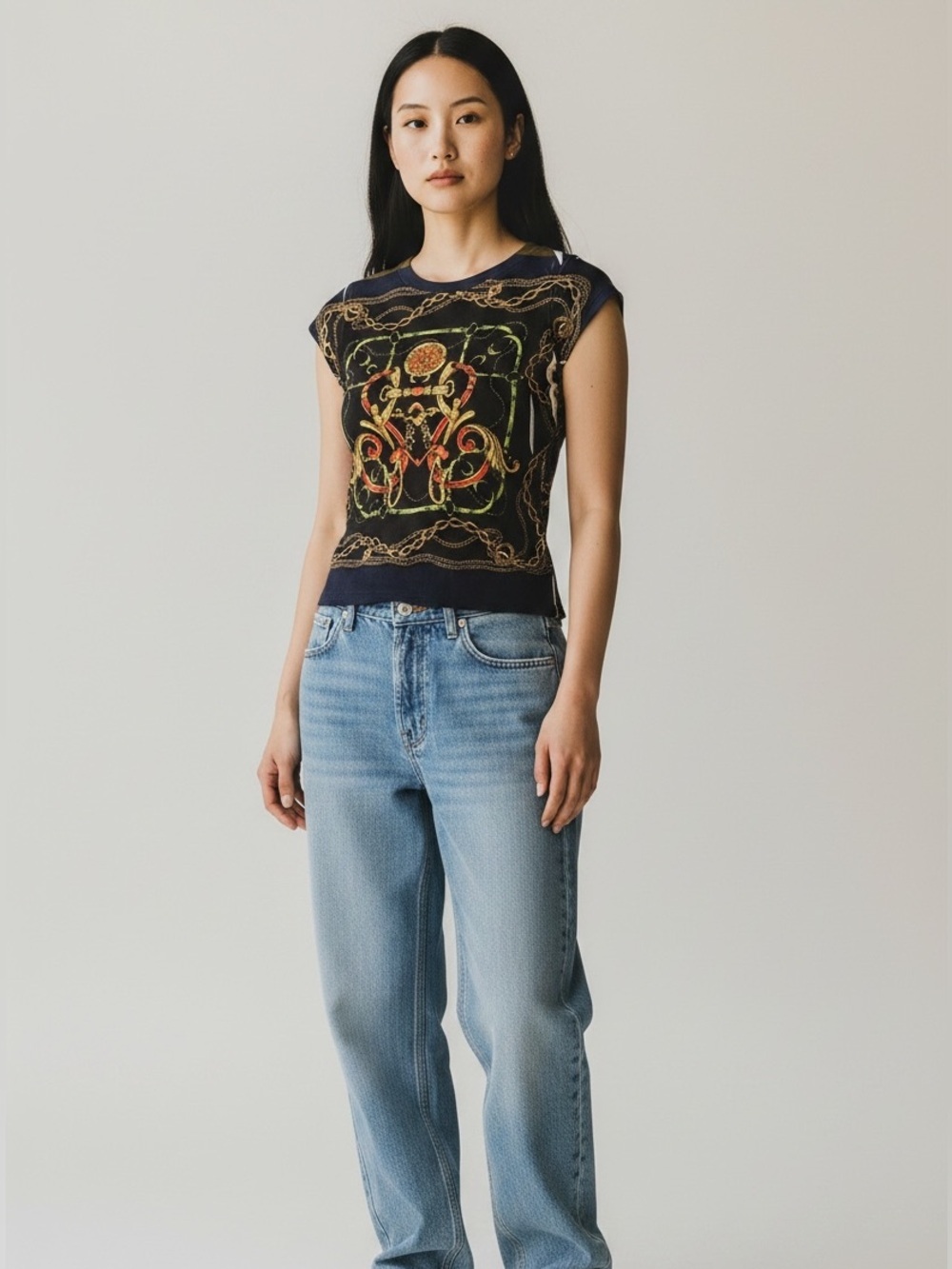 Vintage Cache Women’s Y2K T-shirt with beading #versace type design.